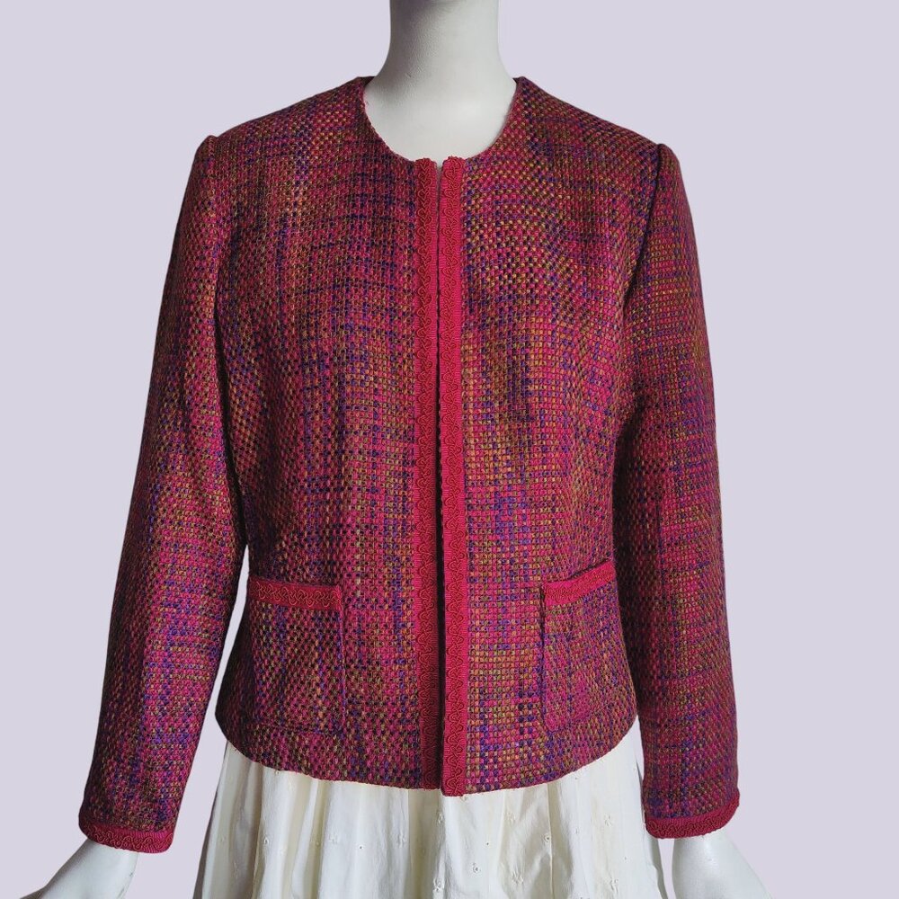 Vintage 90s Spenser Jeremy Jewel Tone Tweed Collarless Open Front Jacket Sz S